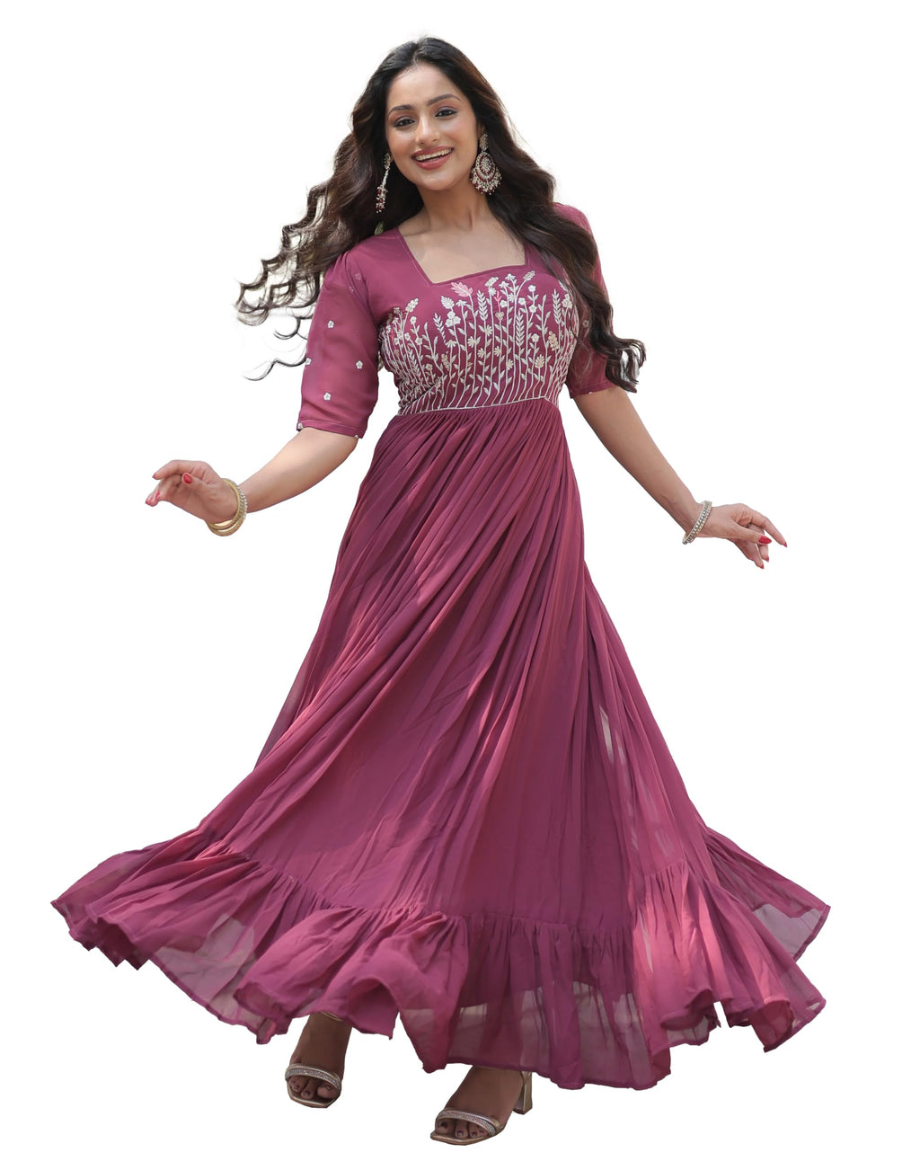 Fashion Basket Georgette Anarkali Gown with Sequins and Embroidery for Women with Long Sleeves (Large, Magenta)