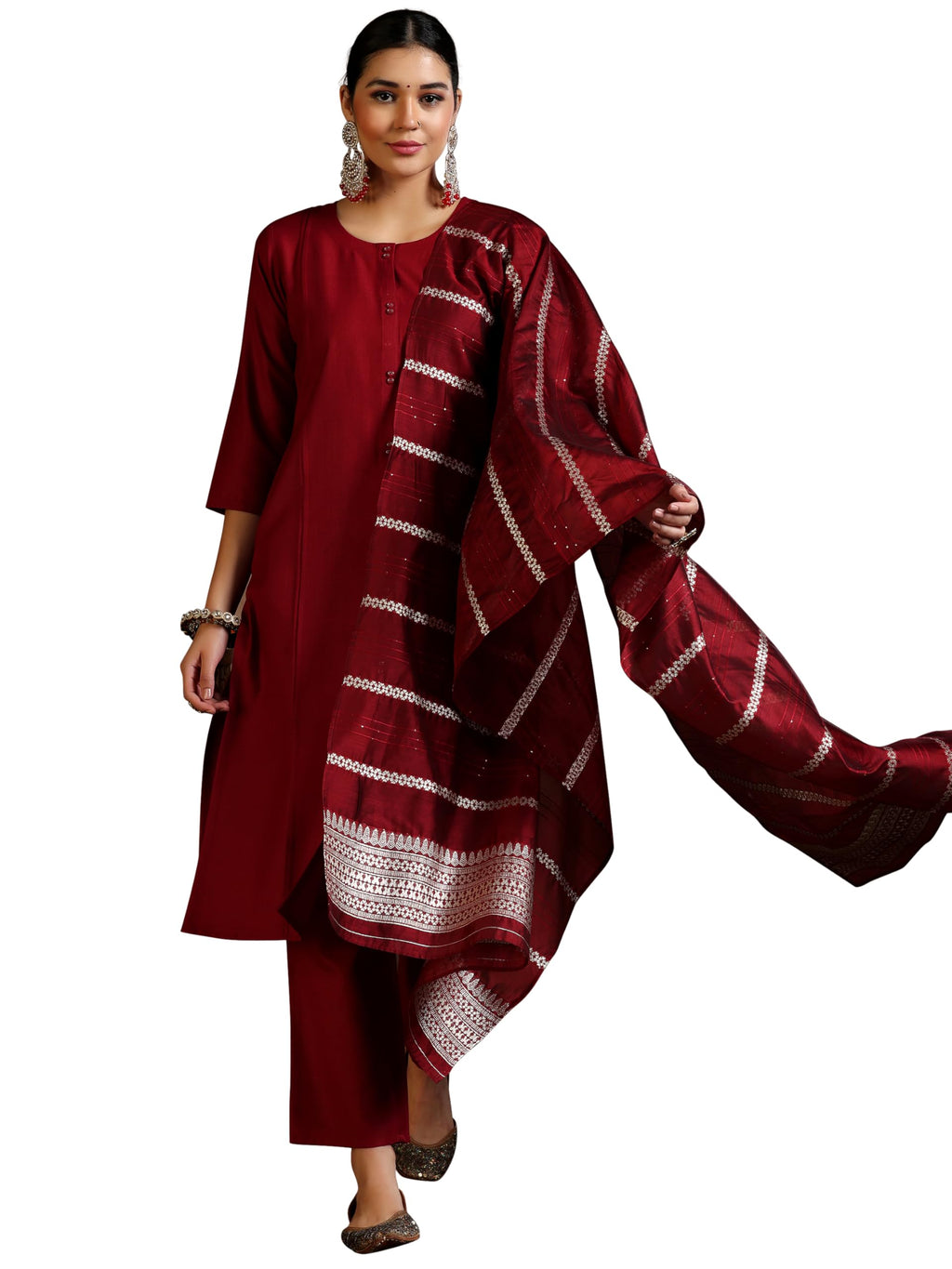 Libas Womens Woven Design Cotton Blend Straight Kurta With Trousers And Dupatta