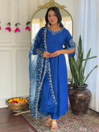 Naixa WomenS Blue Viscose Silk Embroidered Flared Kurta With Viscose Silk Pant And Organza Embroidered Dupatta Sets (Nx-641-Blu