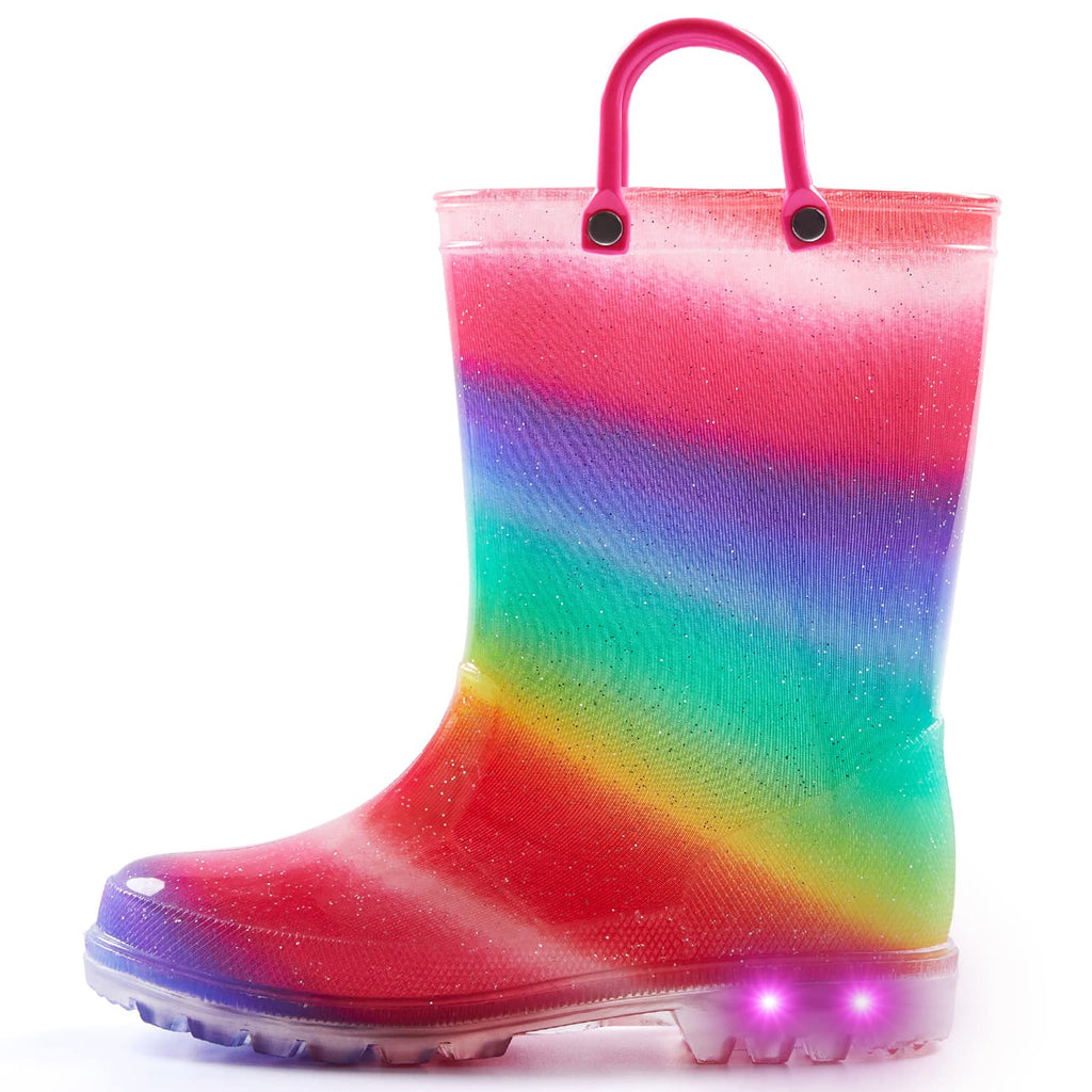 K KomForme Toddler Light Up Rain Boots Patterns and Glitter Rain Boots for Girls Boys with Handles,Shimmer Rainbow,11