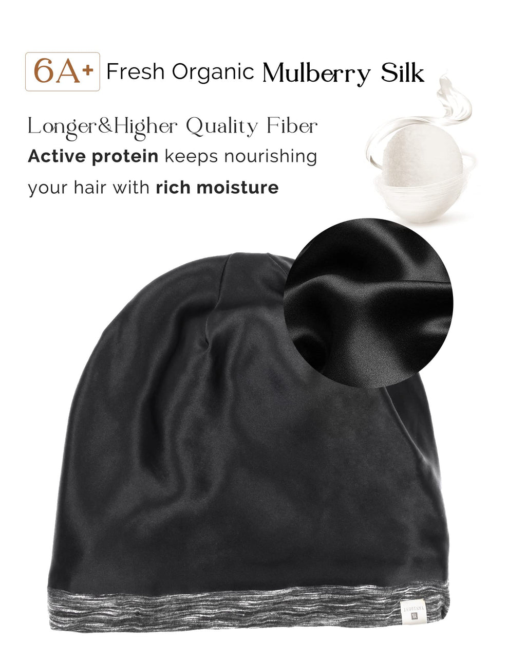 Yanibest 100% Mulberry Silk Lined Sleep Cap Christmas Silk Bonnet for Sleeping - Dark Black Hair Cover Bonnet for Natural Hair A