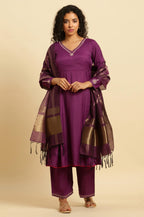 W For Woman Women Viscose Kurta Pant With Dupatta| Kurta, Parallel Pant & Dupatta_23Auws19526-220316, Purple, Medium