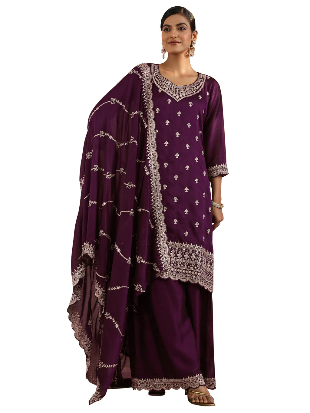 Libas Womens Embroidered Chinon Straight Kurta With Palazzos and Dupatta