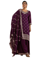 Libas Womens Embroidered Chinon Straight Kurta With Palazzos and Dupatta