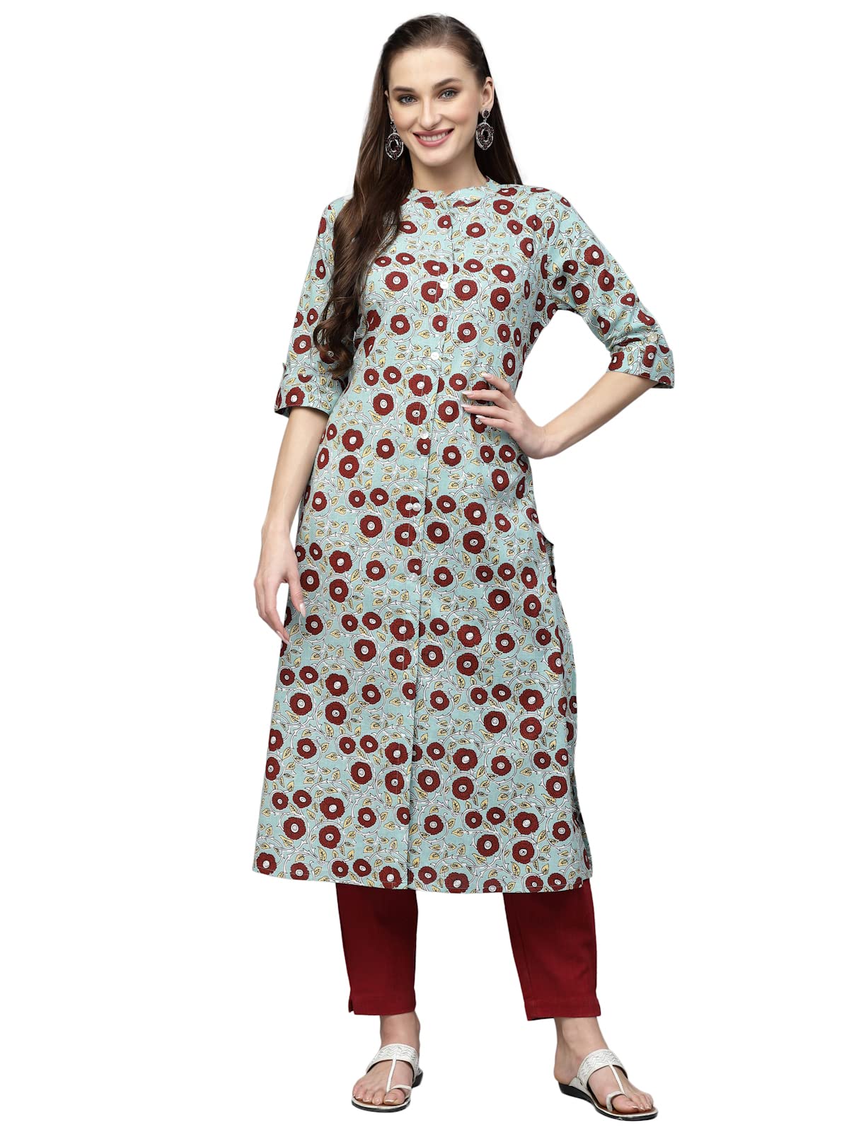 Stylum Women'S Printed Cotton A-Line Kurta (Aliceice36_Turquoise Blue, S)