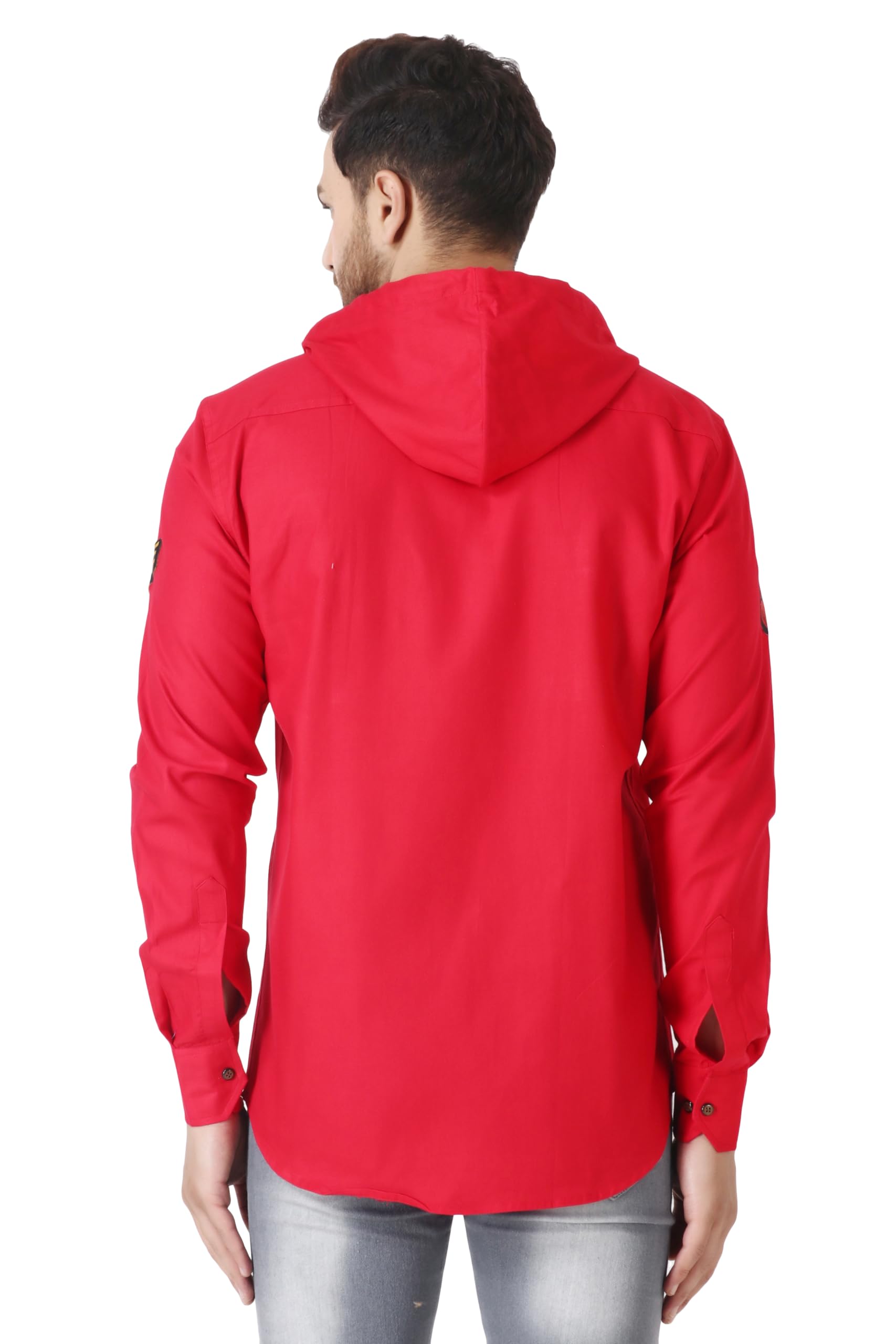 Besix MenS Red Tailored Fit Cotton Blend Shirt For Man With Hoodie - Casual Long Sleeve Shirt With Pockets - Patch Detail For S