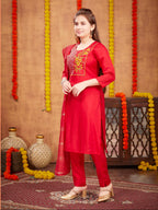 Aarika Girls Ethnic Wear Mustard Colour Zari Thread Embroidery Silk Kurti Pant Set