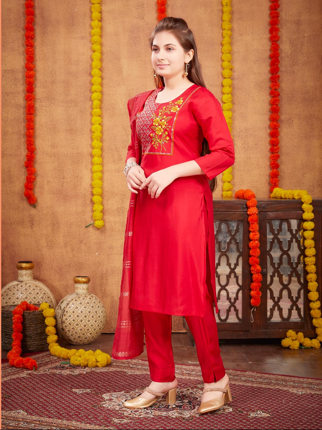 Aarika Girls Ethnic Wear Mustard Colour Zari Thread Embroidery Silk Kurti Pant Set