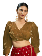 Pujia Mills Womens Rafale Silk Full Balloon Sleeve V Neck Blouse(Gangu) (Copper, 34)