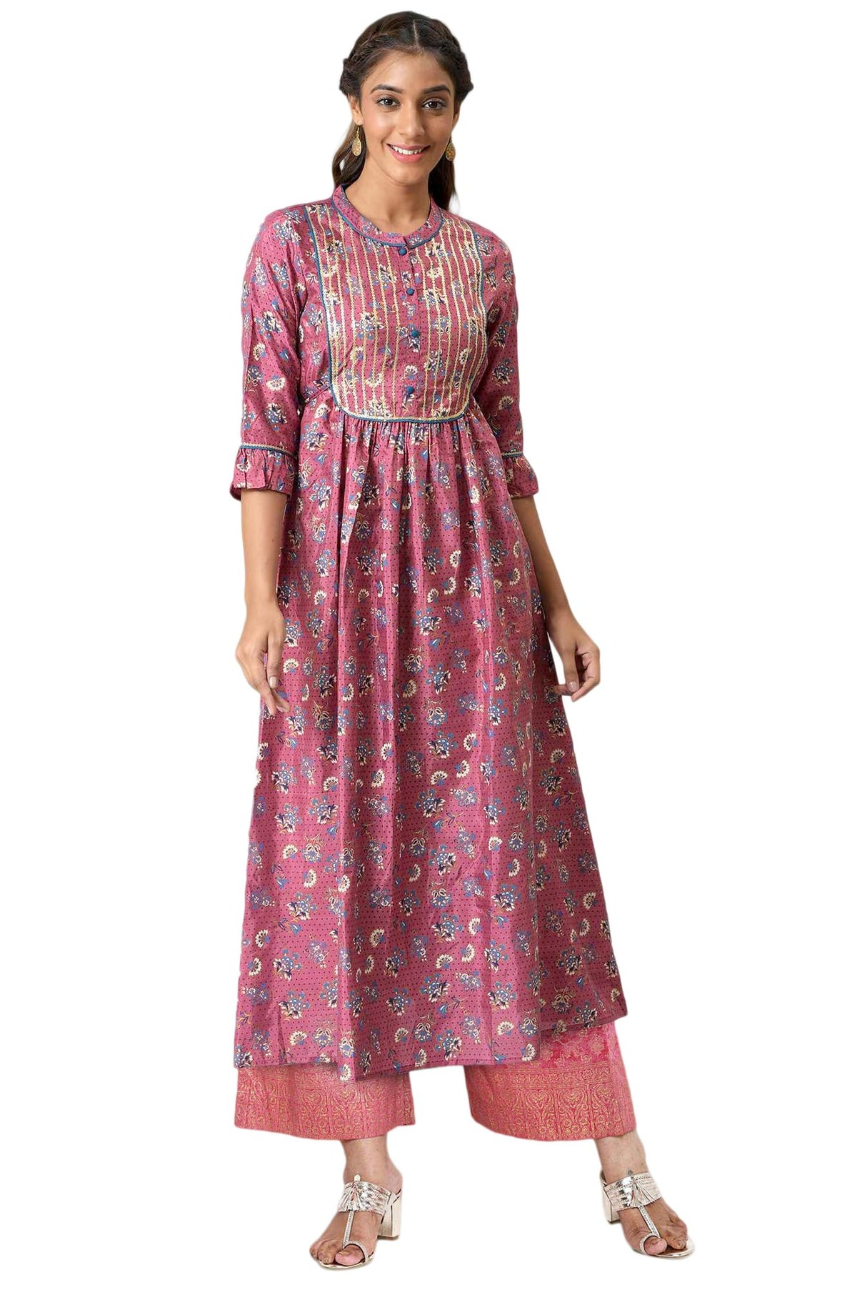 Aurelia Womens Pink Foil Sequins Shantung A-Line Kurta and Palazzo Set (ONVAS13492-505736-S)