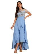 Miss Chase Womens Round Neck Short Sleeve Floral Layered Georgette Midi Dress (MCSS25D92-12-231-06, Multicolored Base Sky Blue,