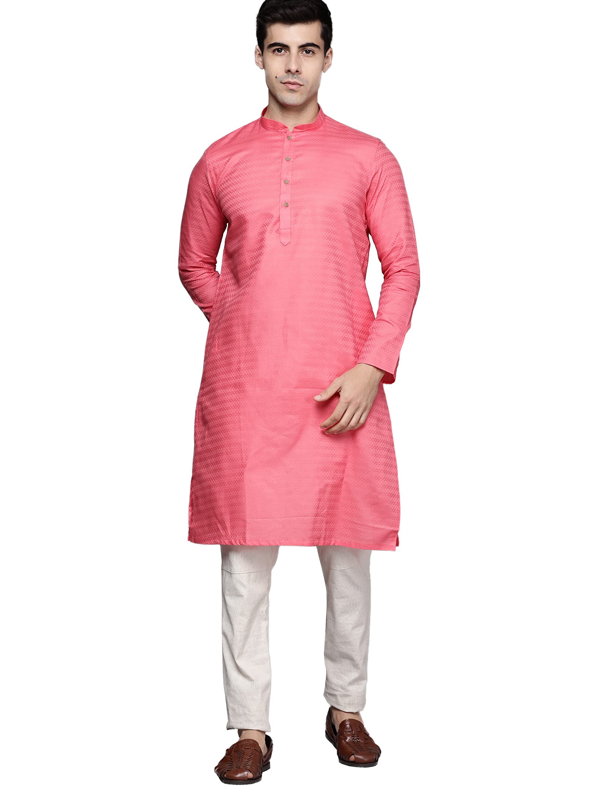 Manyavar Mens Kurta Only, Ethnic Kurta For Men, Full Sleeves Mandarin Collar Self Design Cotton Blend Kurta Only (Pink) (Xl)