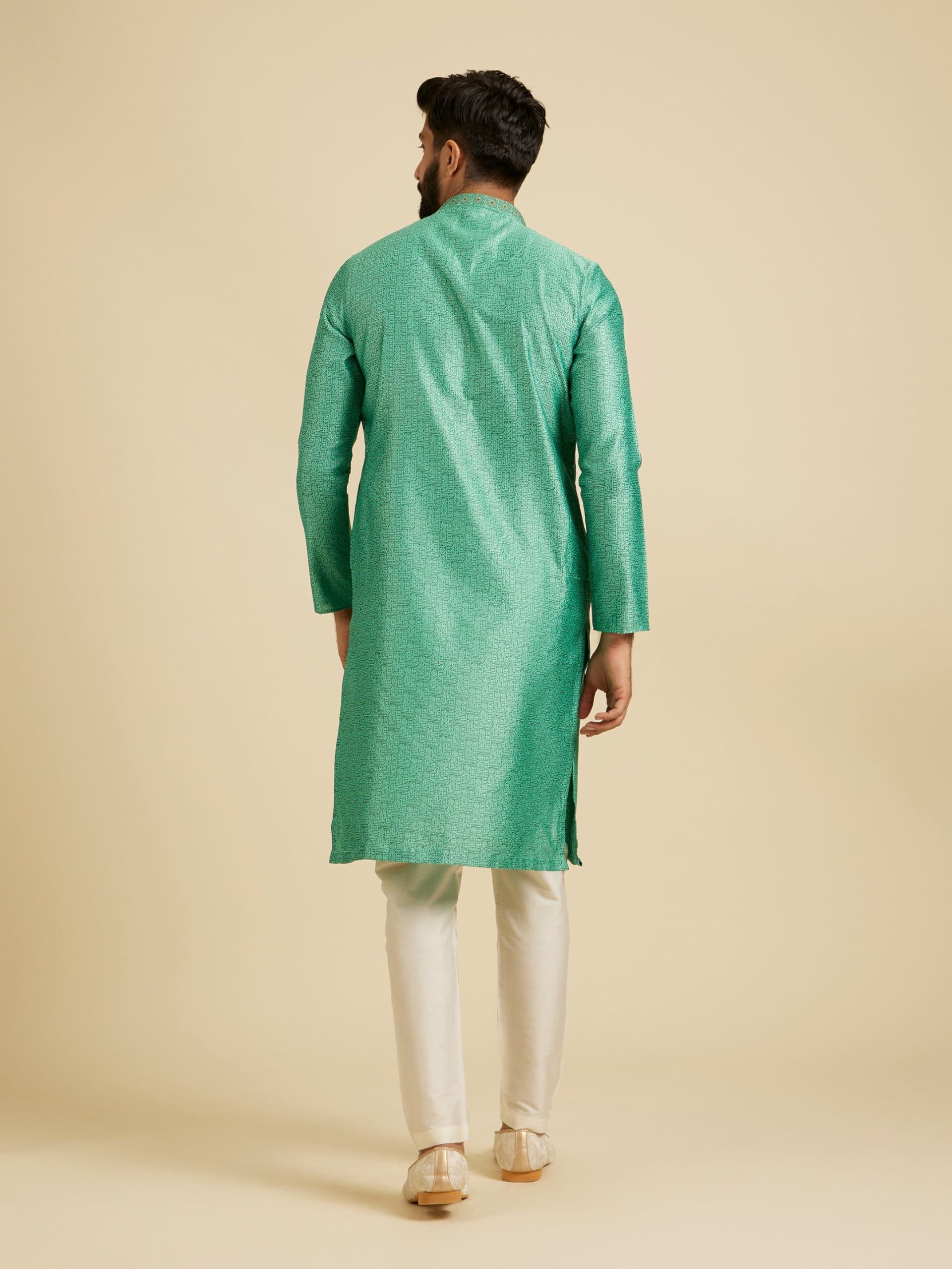 Manyavar Mens Art Silk Intricate Prints & Neck Detailing Kurta Pyjama Set