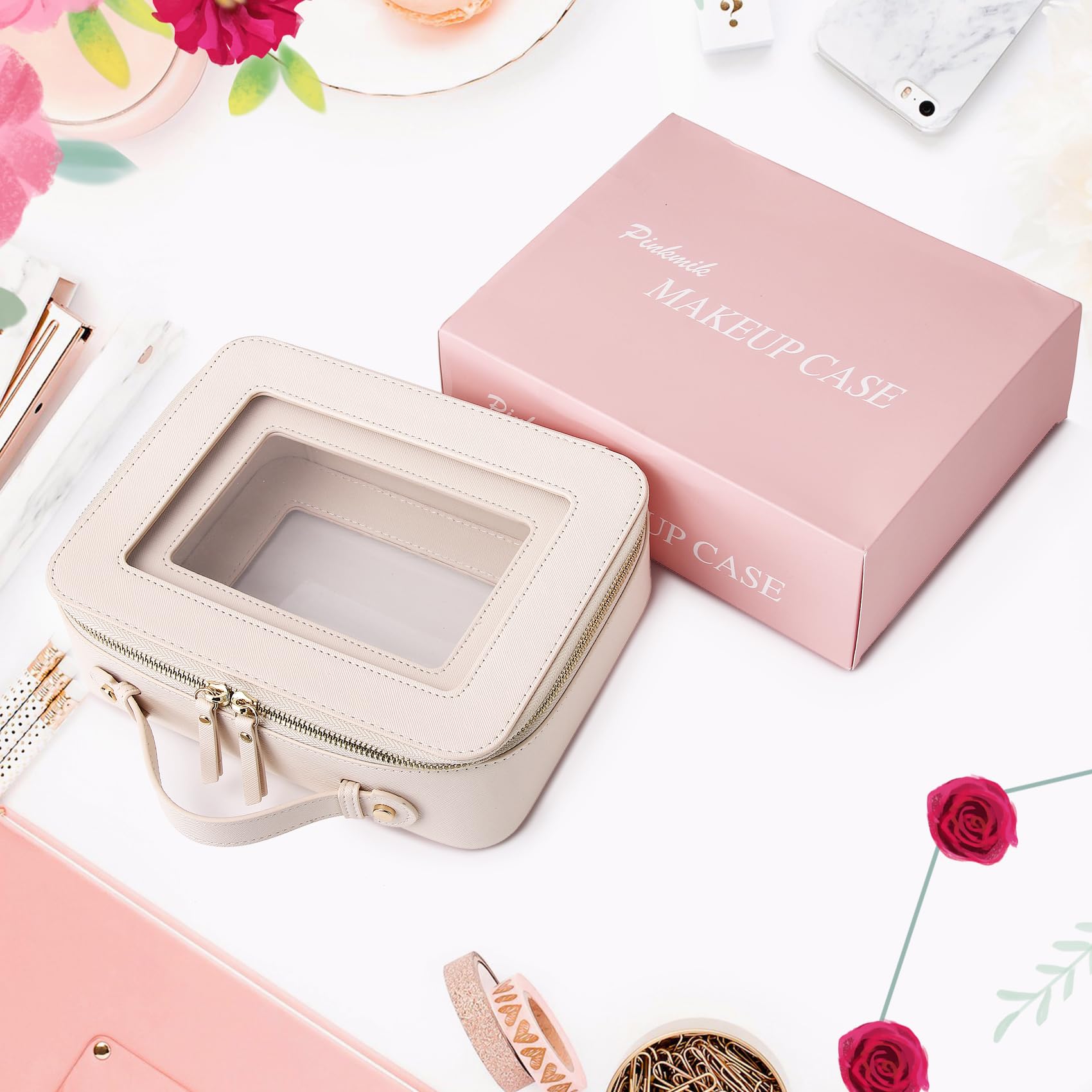 Pinkmik Clear Makeup Bag Transparent Travel Case for Cosmetics and Toiletries Women's Brush Bag and Clear Car Bag with Zipper
