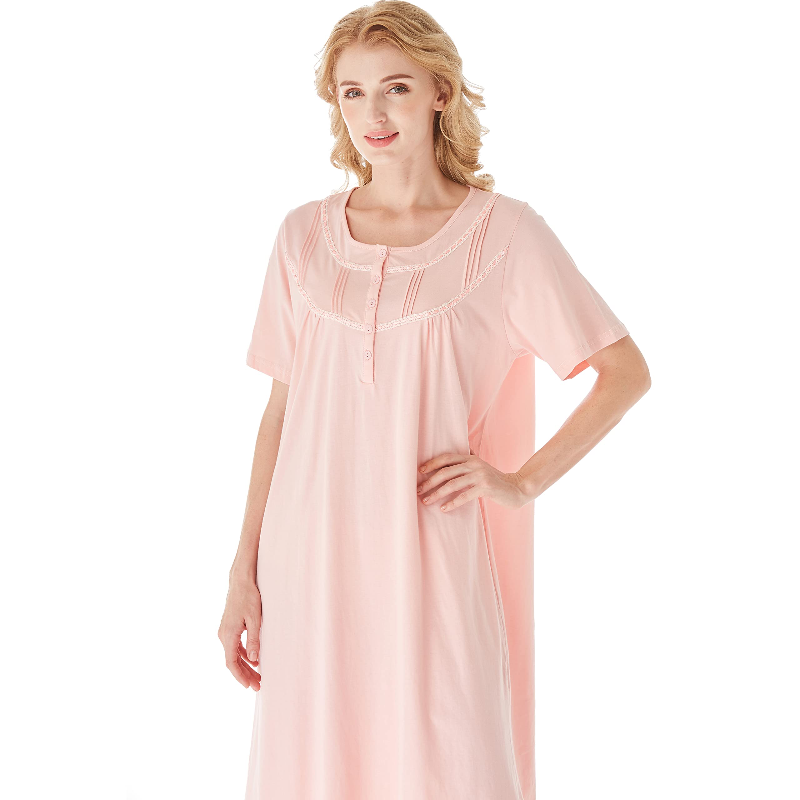 Keyocean Nightgown for Women, Soft 100% Cotton Comfy Lightweight Short-sleeve Ladies Sleepwear, Peach Color, X-Large