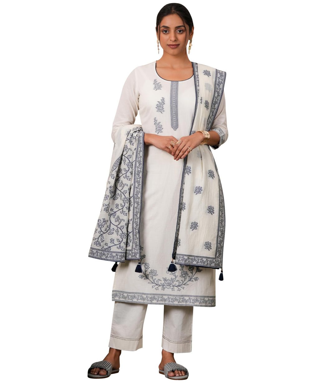 Libas Womens Woven Design Cotton Straight Kurta With Trousers And Dupatta