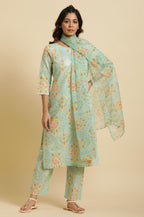 W For Woman Light Green Floral Printed Kurta, Pants & Dupatta Set (Size: 2Xl)-23Auws10121-122679