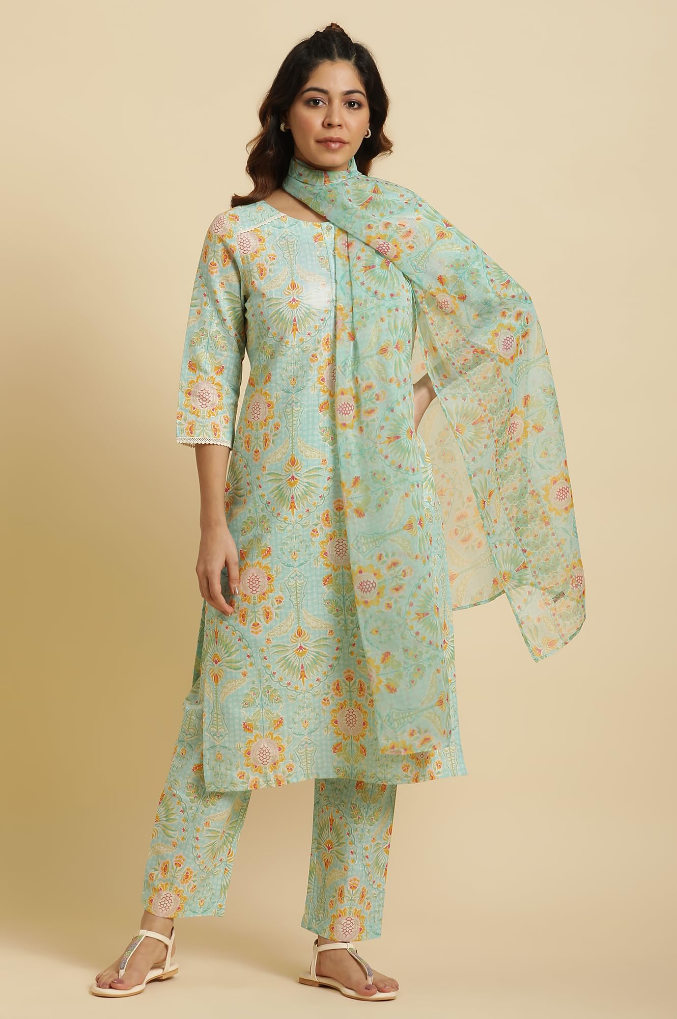 W For Woman Light Green Floral Printed Kurta, Pants & Dupatta Set (Size: 2Xl)-23Auws10121-122679
