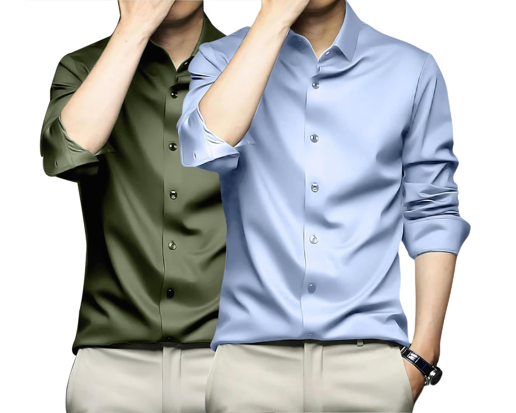 Deelmo Combo Of MenS Stylish Solid Satin Casual Shirt For Men Full Sleeves| Poly Satin Silk Shirt Pack Of 2