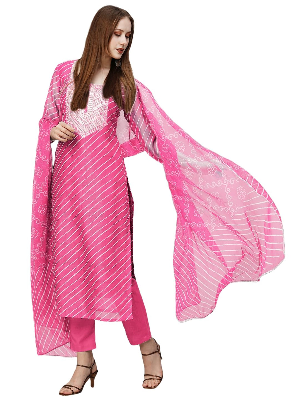 ANNI DESIGNER Womens Cotton Blend Straight Printed Kurta with Pant & Dupatta (Doremi Baby Pink_S_Baby Pink_Small)