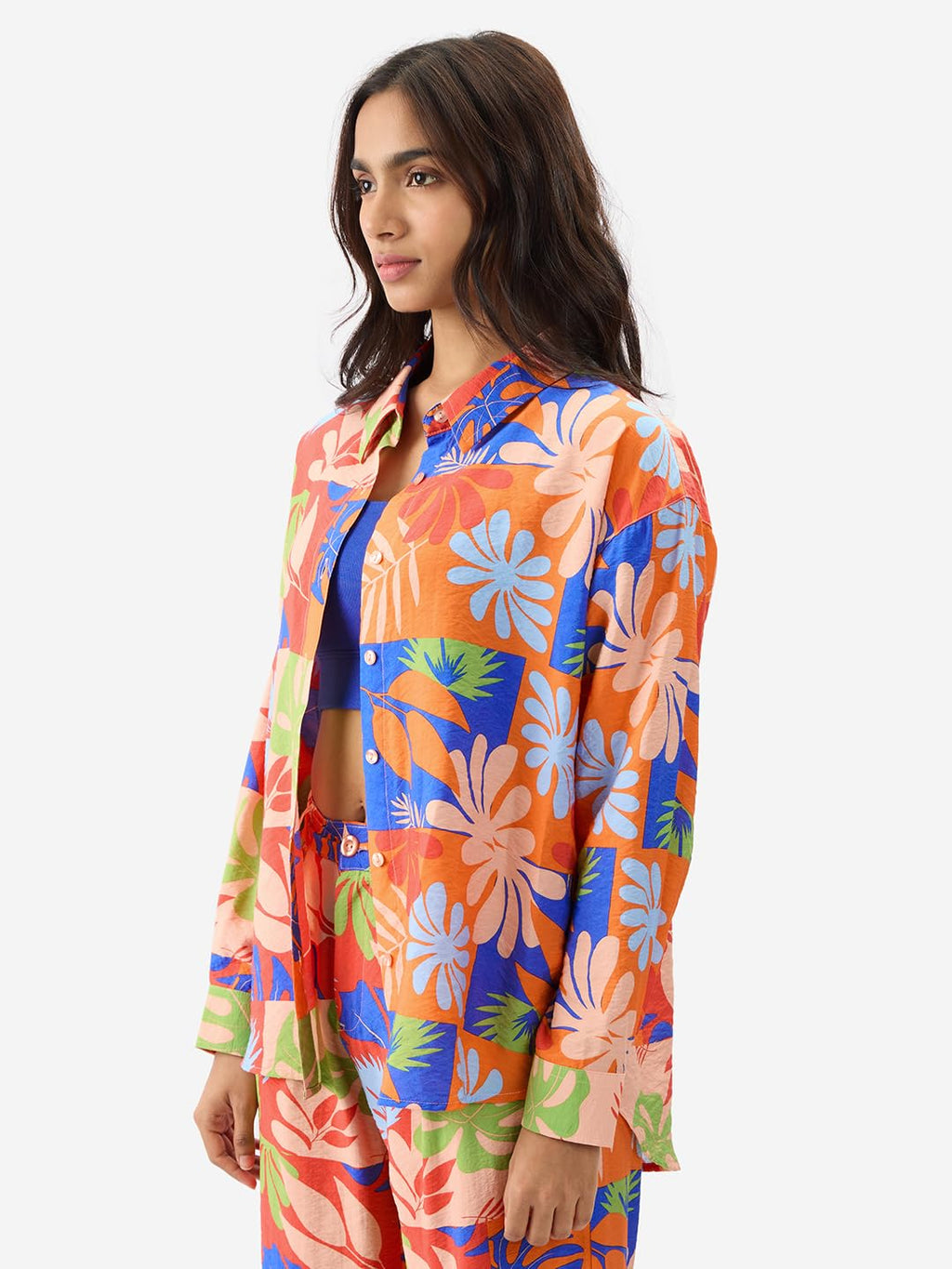 The Souled Store Leafy Charm Women and Girls Long Sleeve Collared Neck Button Down All Over Print Multicolor Oversize Fit Fashio