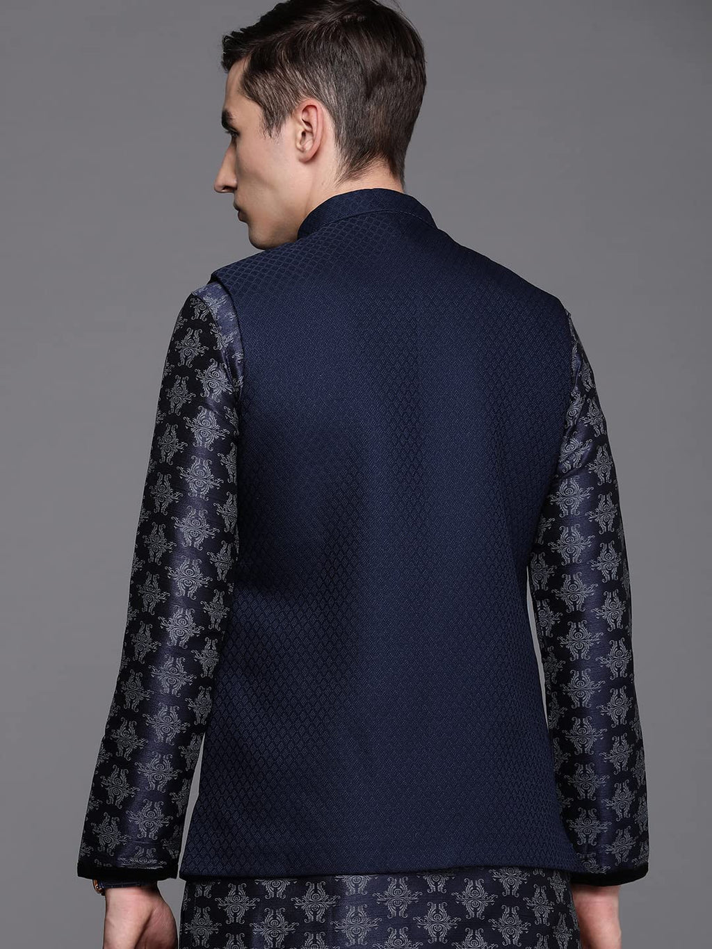 Manyavar Mens Jacket, Nehru Jacket for Men, Ethnic Jacket for Festival, Wedding, Party, Sleevless Jacket Blended Viscose (Blue,