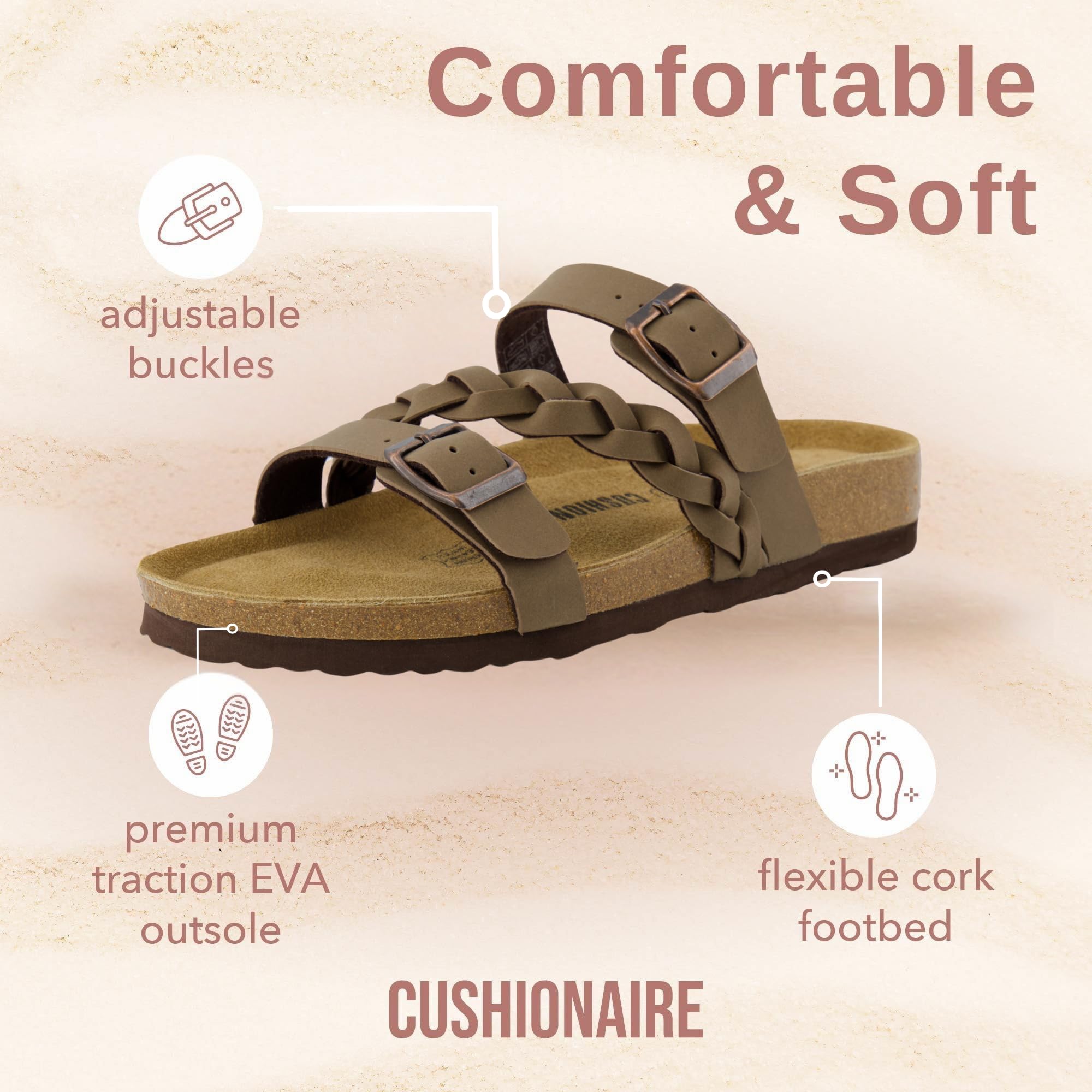 CUSHIONAIRE Women's Cork Footbed Sandal - Comfortable, Adjustable Straps, Arch Support, Wide Widths Available, Boho Chic Summer