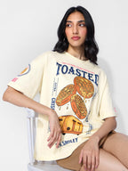 The Souled Store Smiley: Toasted Smiles Women and Girls Short Sleeves Round Neck Off White Graphic Printed Cotton Oversized T-Sh