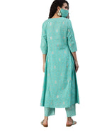 Ishin WomenS Cotton Blue Printed A-Line Kurta Trouser Set