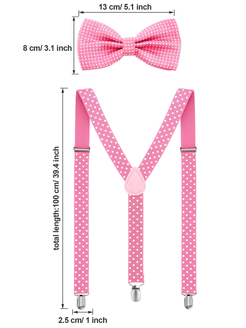 SATINIOR Suspender and Bow Tie Set 80s Clip on Suspenders for Men Women(Pink with White Dots)