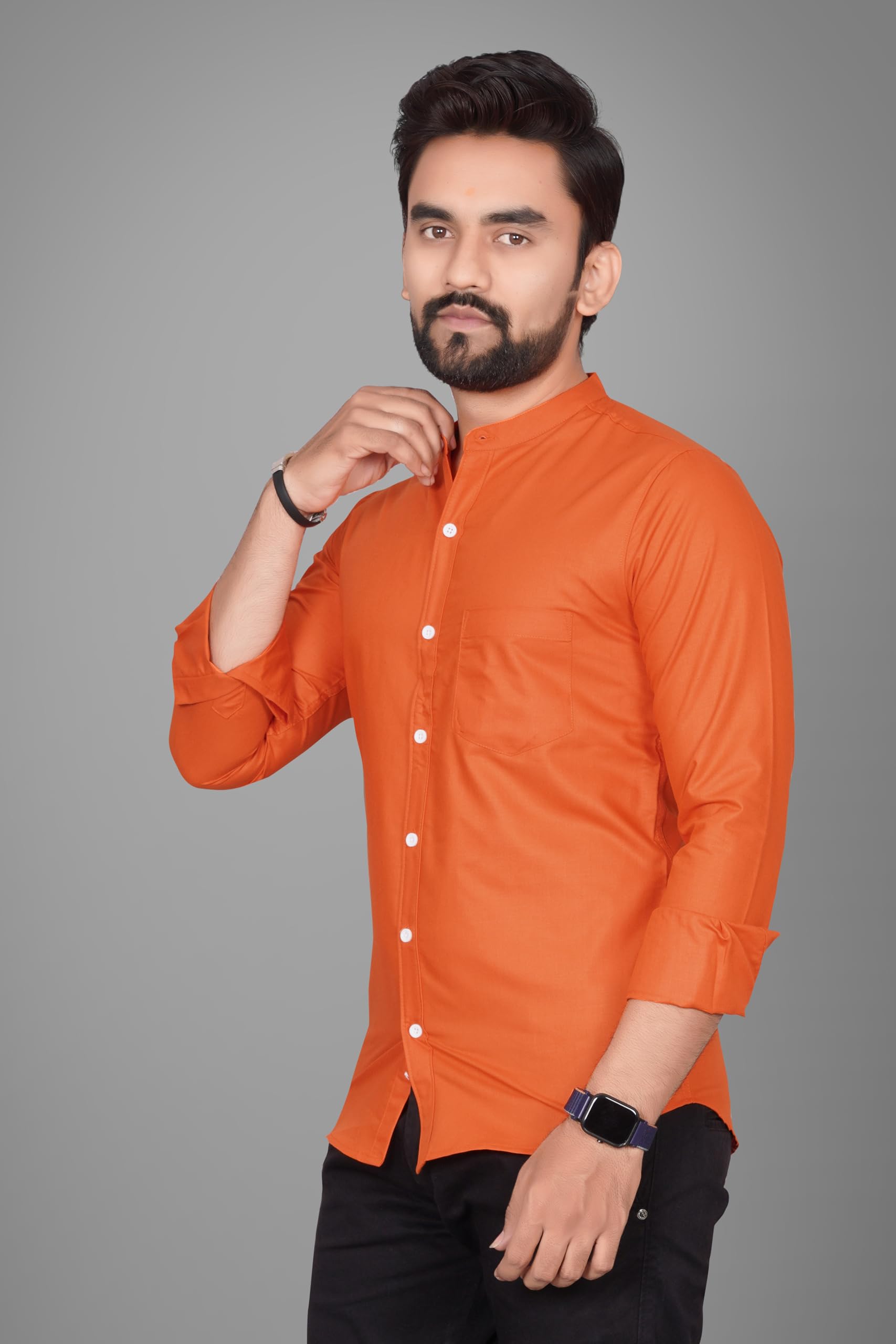 Besix MenS Regular Fit Solid Cotton Shirt | Chinese Collar | Casual | Plain | Branded | Mandarin Collar | Full Sleeve | Summer