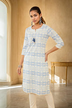 Soch Womens Off White Poly Cotton Embroidered Kurta With Tassels