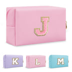 Personalized Preppy Small Travel Makeup Bag, Initial Chenille Letter Pink Makeup Bag Cosmetic Pouch Toiletry Organizer, PU Leath