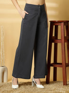 OOMPH! Women Trouser | Wide Leg High Waist Trousers | Solid Formal & Casual Pants with Front Patch Pockets | Officewear, Travel,