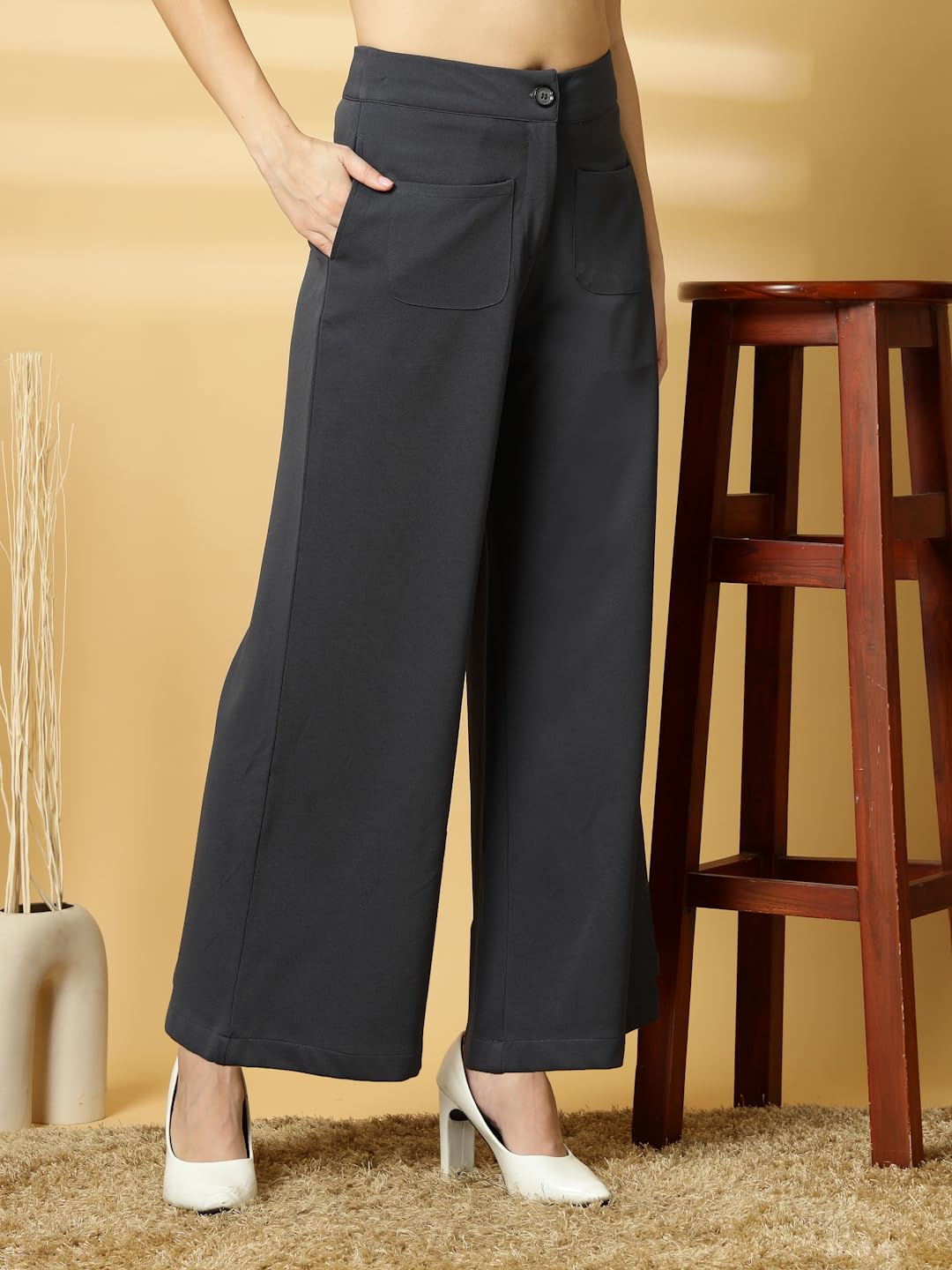 OOMPH! Women Trouser | Wide Leg High Waist Trousers | Solid Formal & Casual Pants with Front Patch Pockets | Officewear, Travel,