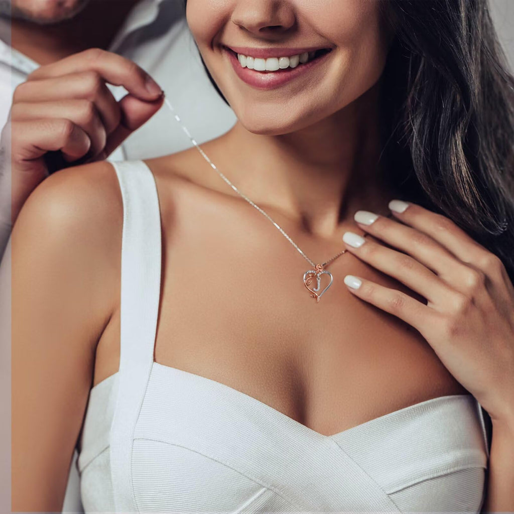 Necklace Gifts for Women, 925 Sterling Silver Unique Rose Love Heart Initial E Letter Pendant Necklace Jewelry Mothers Day Valen
