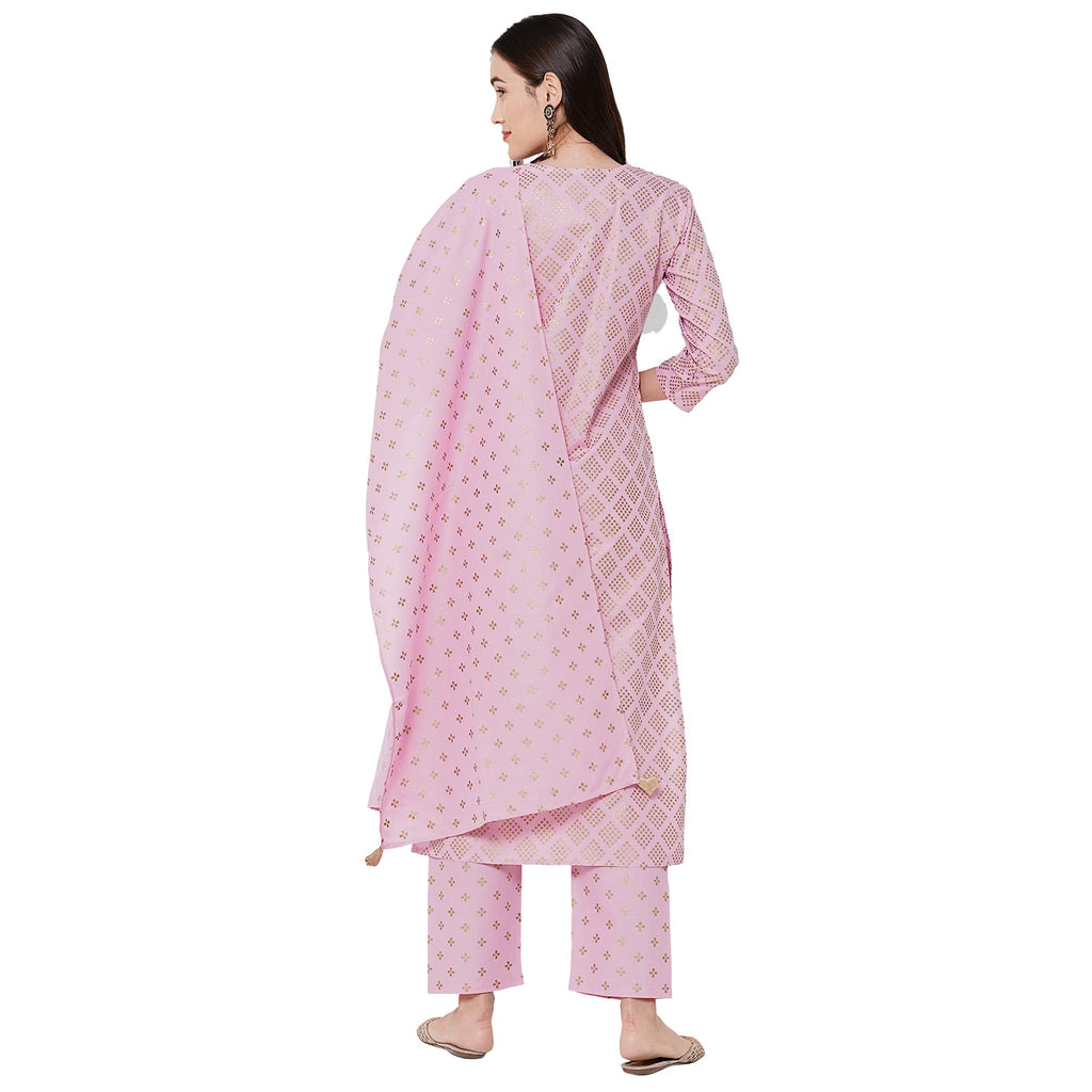 Anni Designer Women'S Cotton Foil Printed Kurta With Palazzo And Dupatta (Raju Pink Styl_Pink_)