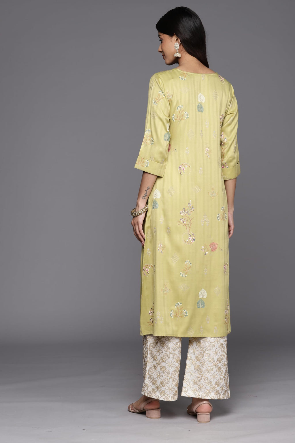 Libas Olive Printed Silk A-Line Kurta