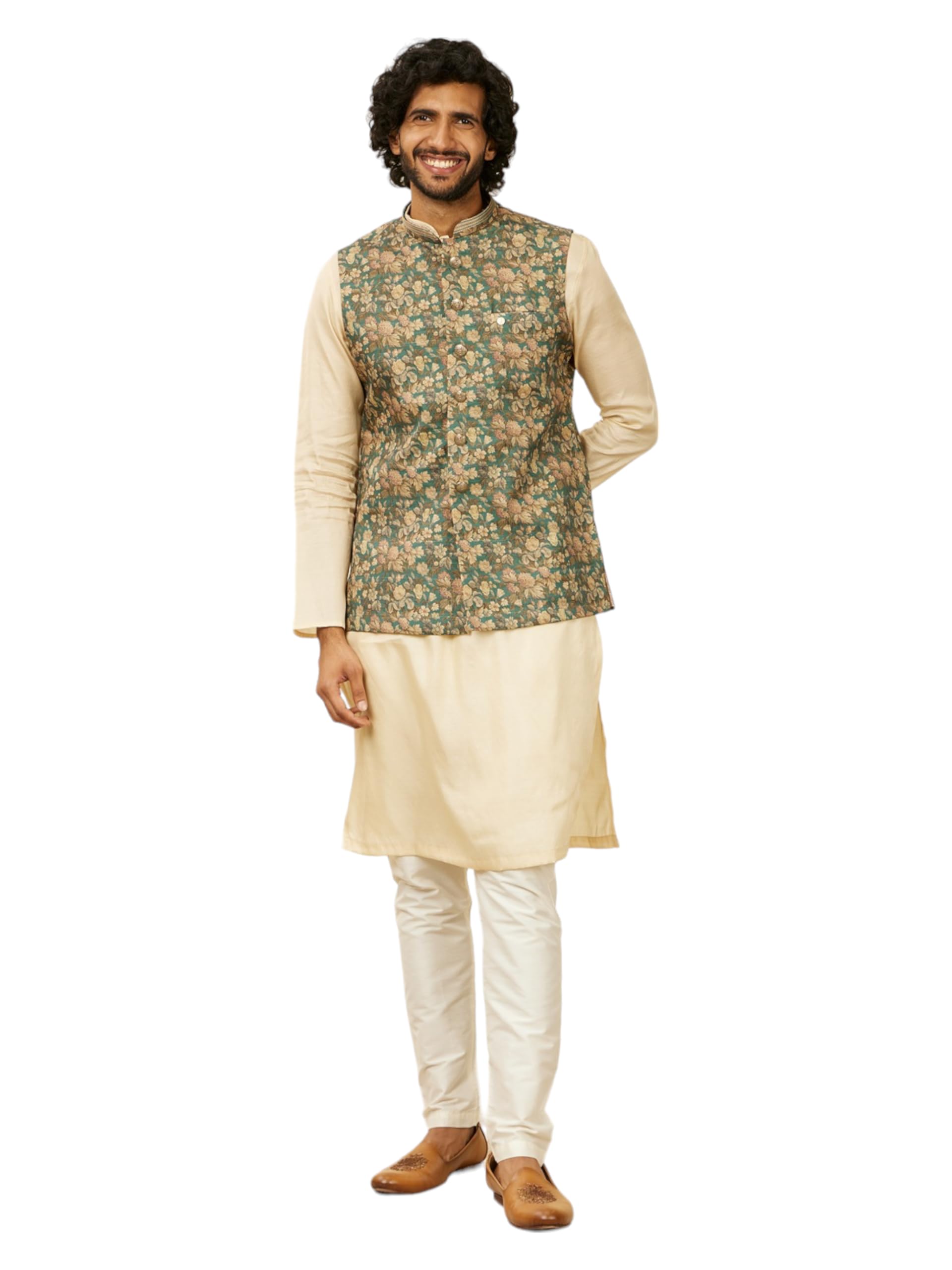Manyavar Teal Green Art Silk Digital Printed Jackets for Men