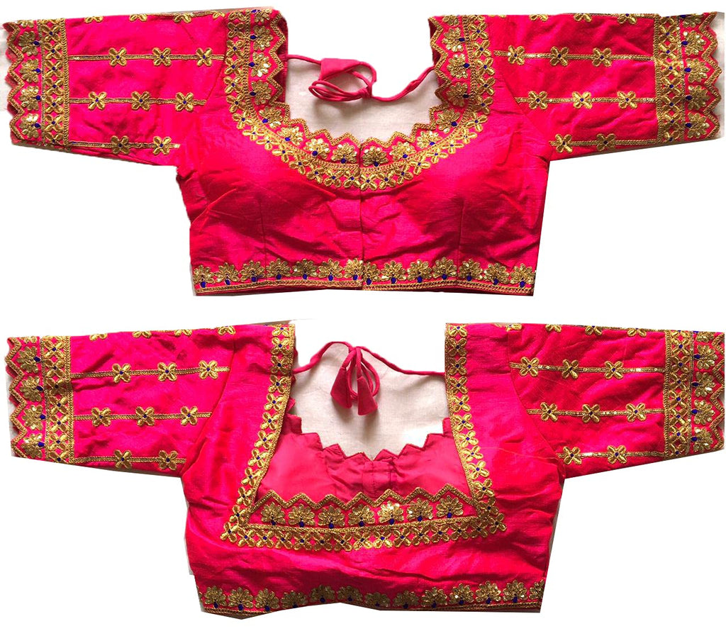 Pujia Mills Womens Silk Floral Half Sleeve Regular Blouse (Hariyali Blouse Pink 38)