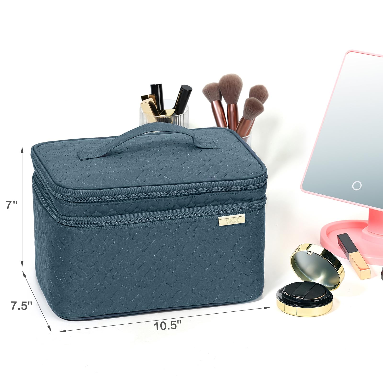 NISHEL Large Double Layer Travel Makeup Bag Women, Large Cosmetic Case, Organizer for Travel-Size Accessories Bottles, Brushes,