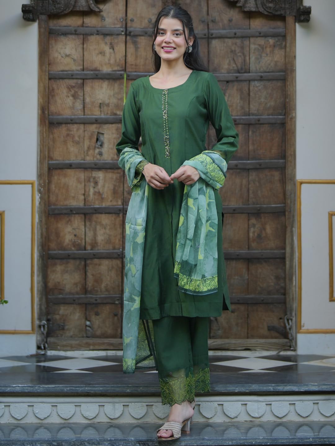 Libas Womens Embellished Silk Blend Straight Kurta With Trousers And Dupatta