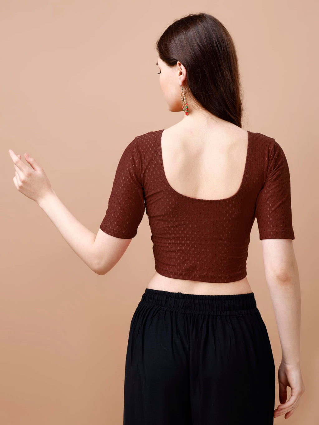 Pujia Mills WomenS Readymade Dobby Cotton Lycra Stretchable Round Neck Half Sleeve Blouse Fancy Brown Color Lycra Stretchable B
