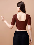 Pujia Mills WomenS Readymade Dobby Cotton Lycra Stretchable Round Neck Half Sleeve Blouse Fancy Brown Color Lycra Stretchable B