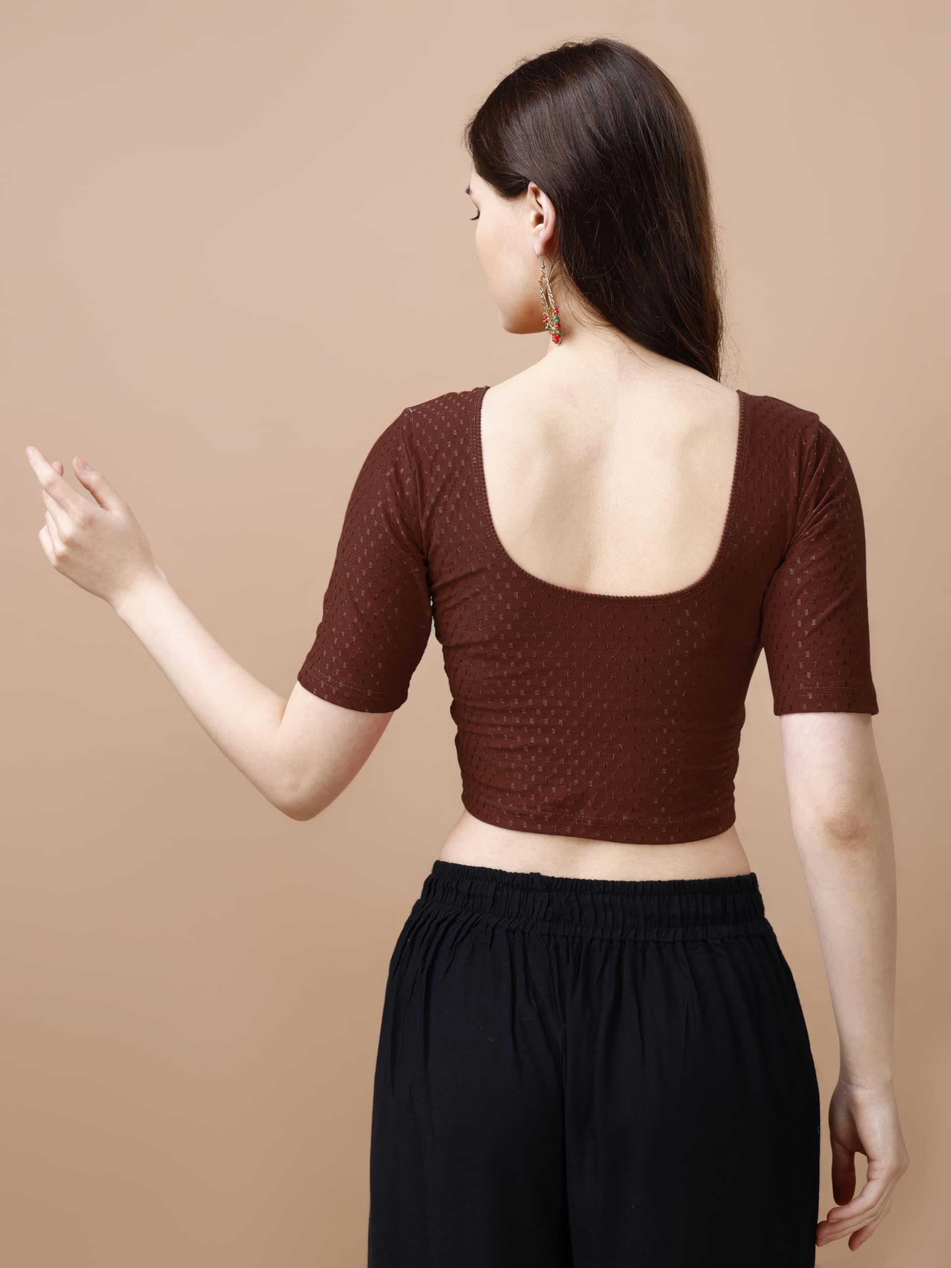 Pujia Mills WomenS Readymade Dobby Cotton Lycra Stretchable Round Neck Half Sleeve Blouse Fancy Brown Color Lycra Stretchable B