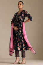 Soch Womens Navy Blue Viscose Blend Floral Print Suit Set With Beads