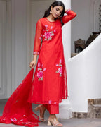 ANNI DESIGNER Womens Chanderi Cotton Straight Printed Kurta with Pant & Dupatta (Guni Red-NW_XXL_Red_XX-Large)
