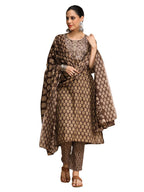 Varanga Brown Ethnic Jaipuri Printed Thread Embroidered Kurta With Trouser & Dupatta