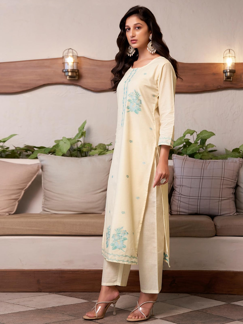 Sanisa Womens Cotton Jacquard Straight Kurta with Pant and Dupatta Set