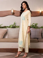 Sanisa Womens Cotton Jacquard Straight Kurta with Pant and Dupatta Set